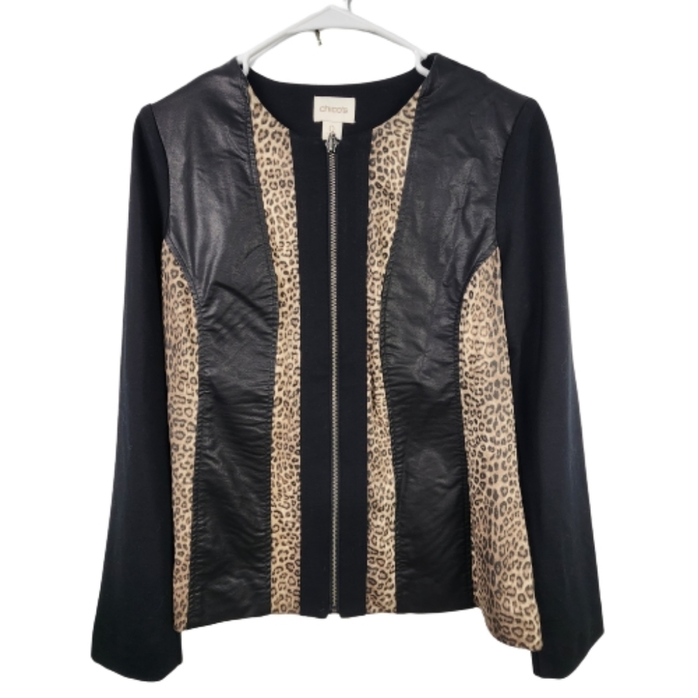 Chico's Colorblock Animal Print Faux Leather Full Zip Jacket Size Small